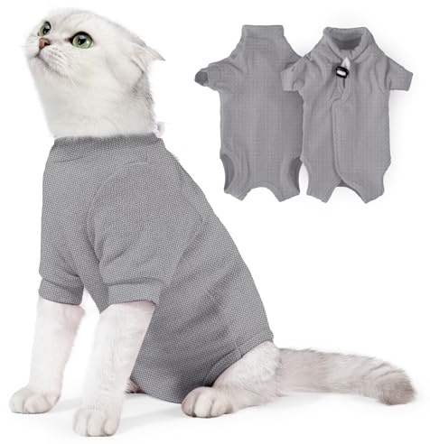 JOHNBOLIN Cat Surgery Recovery Suit - E-Collar Alternative Anti-Licking Spay/Neuter Bodysuit, Soft Pet Surgical Pajamas for Cats, Abdominal Wound Onesie (Grey, Large)