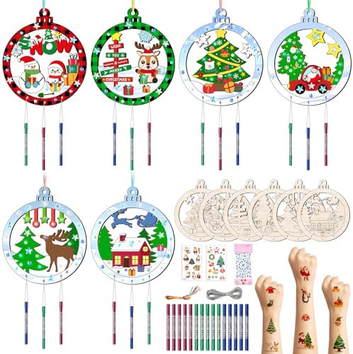 Nourdom Weihnachten Windspiel Bastelset Kinder,12 Stück Weihnachten Holz Windspiel Schneekristall Bastelset Bastelhandwerk zum Bemalen für Geschenk Winter Kreatives DIY Jungen Mädchen