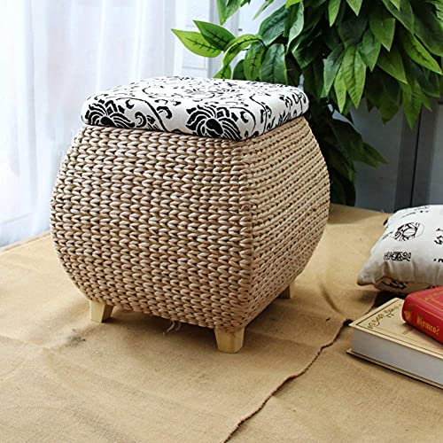 LYNEFOIN Quadratischer Ottoman-Pouf-Fußhocker, Rattan-Aufbewahrungs-Fußhocker mit Deckel, 4 Beine, Massivholz-Fußstütze für Balkon, Schlafzimmer, Eingangsbereich, H 15,99