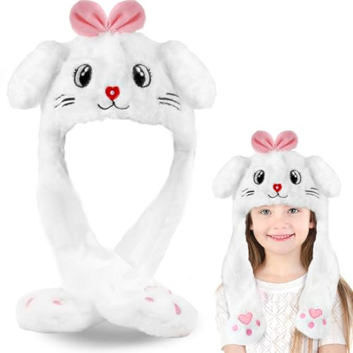 Jemmytu Hasenohren Hut - Kaninchenhut mit Beweglichen Ohr-Mütze für Make up Party (Weiße Katze)