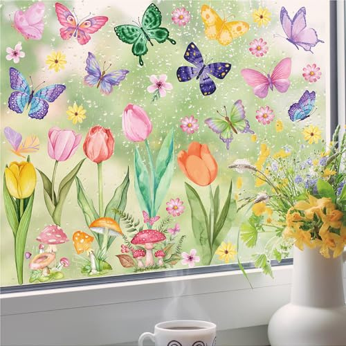 AstraGlam Fensterbilder Blumen Schmetterling, 8 Stück Wiederverwendbare PVC Fenstersticker 30x22 cm, Einfach Zu Verwenden Und Rückstandsfrei Entfernen