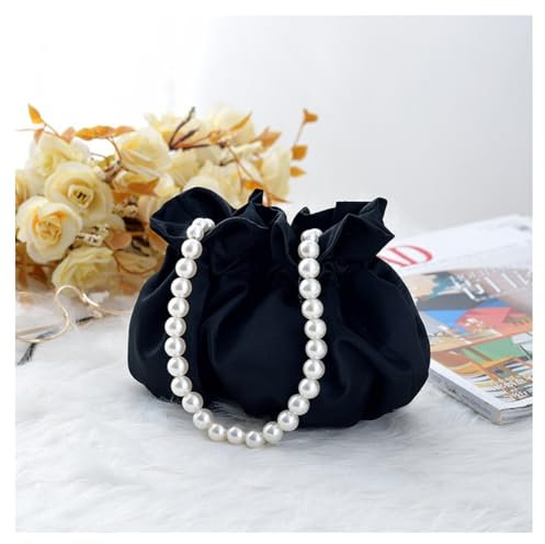 GreatRise Satin Handtasche Damen Kleine Clutch Tasche mit Perlen Griff Elegant Brauttasche Perlenriemen Kette Abendtasche Eimertasche Mädchen Umhängetasche für Hochzeit Party Accessoire Schwarz