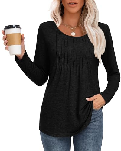 MOLERANI t Shirt Femme décontractés T-Shirt Col Rond Chemise à Manches Longues plissé T-Shirt Confort Amples Top Noir 2XL