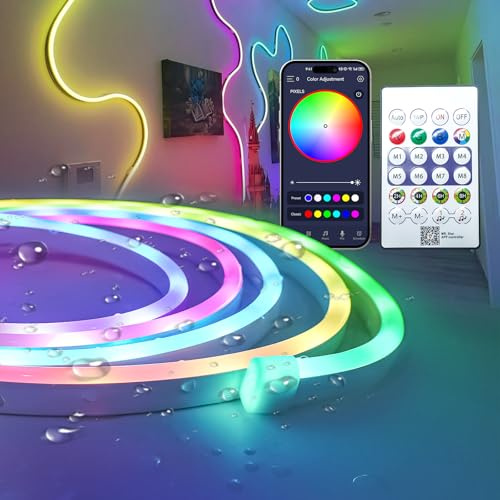 Fosingut Neon LED Strip 3m,5V USB RGB-IC LED Streifen mit Fernbedienung und APP-Steuerung/Musik Sync/Timerspeicher,Wasserdicht Neon Leiste Band Lichterkette Außen für Gaming Deko,TV,Party,Zimmer
