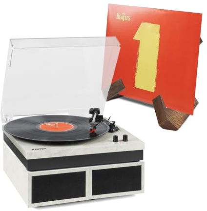 Fenton RP165M Bluetooth Record Player with Stereo Speakers and Retro Wooden Vinyl Holder - Marble Finish, 3-Speed Turntable, Home Audio Set for Vinyl Collectors & Music Enthusiasts