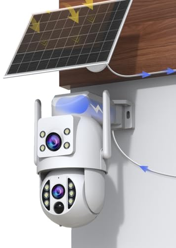 JOOAN 2Kx2 HD Überwachungskamera Aussen Solar, Doppelkamera 360° PTZ Überwachungskamera Aussen Akku, 2.4GHz WLAN Kamera mit PIR Bewegungsmelder,Farb-Nachtsicht, 2-Wege-Audio, Notrufe notiert,IP66