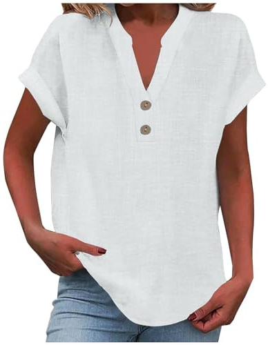 riou Camisa Mujer Verano Algodón y Lino con Botones Moda Color sólido Blusa Cuello en V Camiseta Elegante Basic Tops Fiesta Suelto T-Shirt Casual Oficina Original Cómodo tee