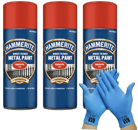 Hammerite Direct to Rust Metal Spray Paint Smooth Red 400ml Tripple Pack + Free Nitrile Gloves | Fast-Drying Aerosol, Durable Rust Protection for Indoor & Outdoor Metal