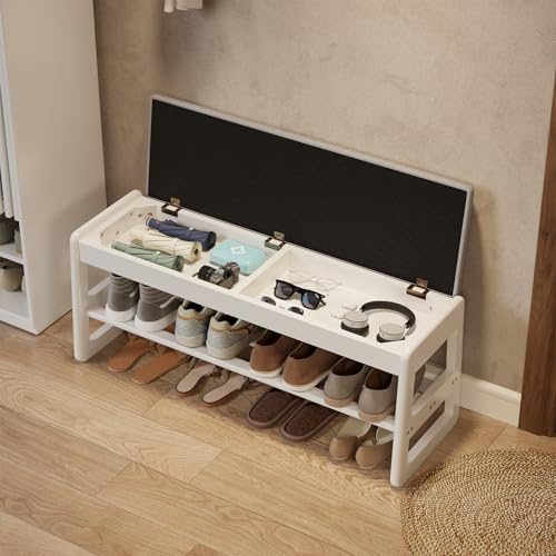 AQIMUELE Schuhregal Bank mit Kissen, 2 Ebenen, Schuhbank mit Klappdeckel, Schuhregal aus Holz für Eingang, Flur 100CM (Weiß)