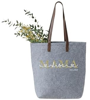 WriteFusion Personalisiert Filztasche Mama mit Namen und bis zu 3 Jahreszahlen Robuster großer Shopper Nachhaltige Geschenk-Tasche Filz-Beutel Einkaufstasche Strandtasche