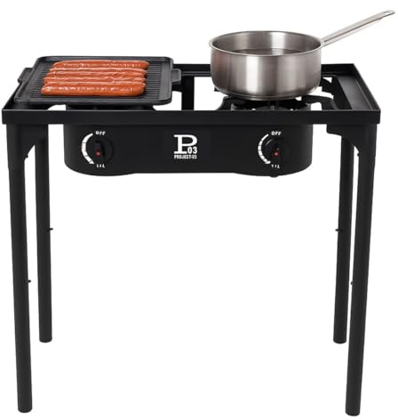 INTEC - Fornello a gas 2 fuochi Barbecue grill 9 kW 2 in 1: 2 bruciatori in ghisa + 1 piastra grill ghisa, 3 altezze modulabili Piezo