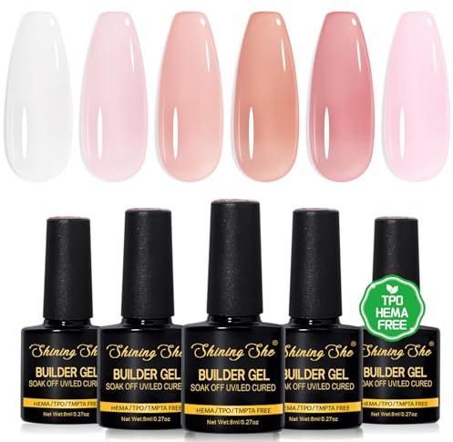 Shining She 8 in 1 Builder Gel, 6 Colors Nude Pink Clear Builder Gel, TPO-Free HEMA-Free Gel Polish, Soak-Off UV Nail Polish, Builder Base Nail Extension Nail Strengthener, 8ML