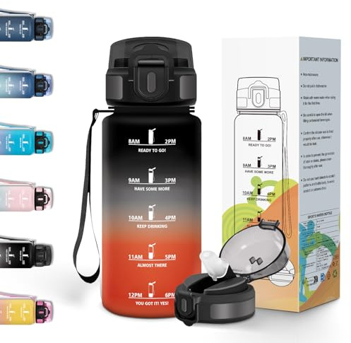Motswedi Trinkflasche 0.5l, Wasserflasche, mit Strohhalm, Trinkflasche Sport, Flasche, mit Zeitstempel, Flasche, Sportflasche, für Sport, Uni, Büro & Outdoor - Schwarz&Rot