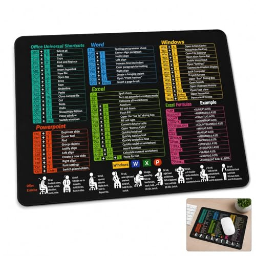 Excel Word PowerPoint Shortcuts Mouse Pad 30x25cm Non-Slip Waterproof Mat | High-definition formula print, wipe-clean surface, stable rubber base, streamlines workflow, suits office, home & laptop use