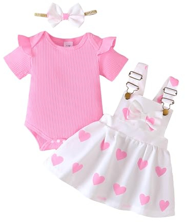 UUAISSO Conjunto Ropa Para Bebé Niña Recién Nacida Top Manga Corta Acanalado Falda con Tirantes Lazo Margaritas y Corazón Diadema Corazón rosa 3-6 meses