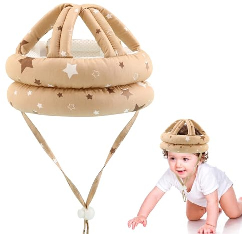 Casque Bébé Antichoc Protection, Protège Tête Bébé Chute Réglable 360°, Casque de Sécurité Respirant pour Apprendre à Marcher et Ramper, Motif Étoiles Marron, 6-36 Mois