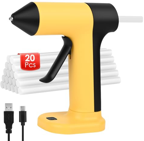 Gaethra Pistola per colla a caldo a batteria, senza fili, con 20 bastoncini di colla da 7 mm x 140 mm, batteria da 2000 mAh, ricarica USB-C, preriscaldamento rapido in 30 secondi, ideale per fai da te