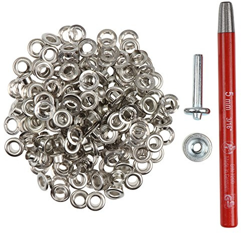 100 Stück Ösen 5 mm rostfrei mit Scheiben + Locheisen & Ösenwerkzeug – Komplettset für Leder, Stoff, Planen, Bastelarbeiten, Outdoor, Zelte, Textilien – beste Qualität (silber)