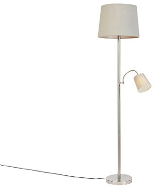 QAZQA - Klassisch I Antik Klassische Stehleuchte I Stehlampe I Standleuchte I Lampe I Leuchte Stahl I Silber I nickel matt mit grauem Lampenschirm und Leselicht - Retro I Wohnzimmer I Schlafzimmer - S
