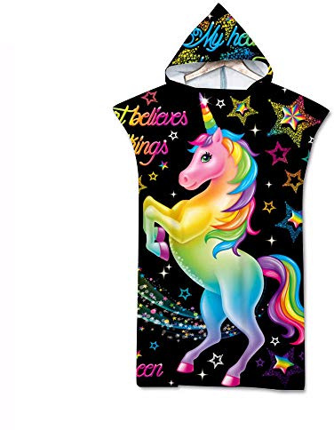 Hooded Poncho, DOTBUY Buntes Sternenklares Einhorn Drucken Mikrofaser Strandtücher Bademantel Poncho mit Kapuzen Strandtuch Badeponcho Duschtuch Sport Handtuch für Schwimmen (75 * 140cm,H)