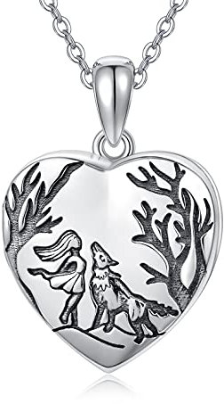 LONAGO 925 Sterling Silber Personalisiertes Foto Medaillon das Bilder Wolf und Mädchen Herz Medaillon Anhänger Halskette Schmuck Hält