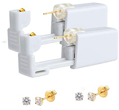 Delusion tatueringar engångs öronpiercing pistoler enhet kit x 2 med förinstallerad 4 mm tiffany-slipning klar kristallklo infattning rostfritt stål 24k guldpläterad - lätt att göra hemma själv, 4mm,