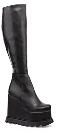 LAMODA - Deep Seas Chunky plattform Knee High Wedge Boots, EU 39, Svart PU, 39 EU