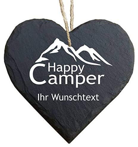 homeyourself - Schieferherz Schiefer Schild personalisiert mit Druck/Wunschtext - Happy Camping - individualisiert