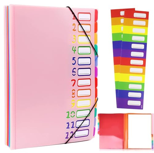 VIQWYIC Chemise A4 12 compartiments – Cartable en polypropylène imperméable avec fermeture éclair & étiquettes colorées – Organisateur portable pour école/bureau- Rose