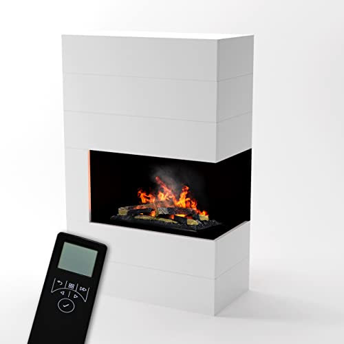 GLOW FIRE Opti-Myst 600 - Cheminée électrique à vapeur d'eau - Angle droit (sur pied) - Avec flammes LED 3D - Effet crépitement et télécommande - 90 x 140 x 45 cm - Avec décoration en bois - Blanc