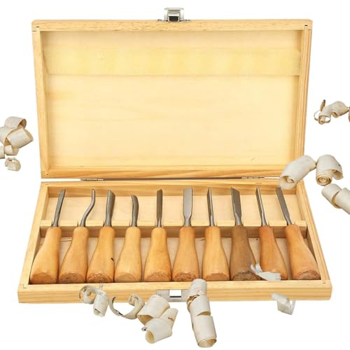 MOUMOUTEN Set di Scalpelli Per Intaglio del Legno, 10 Pezzi Kit di Scalpelli Per Coltelli da Intaglio con Manico in Legno Ad Alta Durezza con Custodia in Legno, Utensile Manuale Per La Lavorazione del