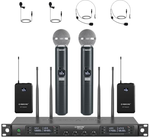 Phenyx Pro Quad Wireless Microphone System w/ 4x40 UHF Channels, Auto Scan, 2 Handheld Dynamic Mics, 2 Bodypacks & Headsets/Lapel Microphones for Singing, DJ, Church (PTU-7000-2H2B)