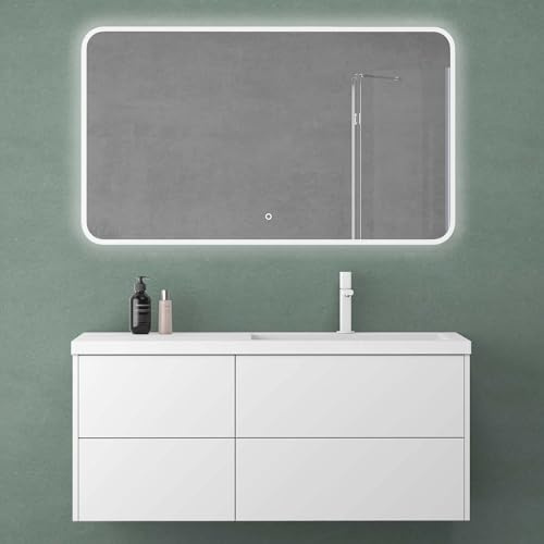 Mai & Mai Badmöbelset 120cm Waschbeckenunterschrank mit LED-Badspiegel | Waschtisch mit Unterschrank, Weiß matt, 4 Soft-close Schubladen Badezimmermöbel, Moment
