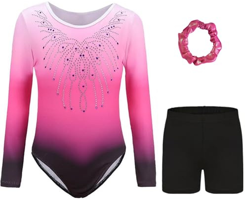 Kiscorpse Justaucorps de Gymnastique pour Filles Trois Pièces Maillots de Gymnastique Gymnastique à Manches Longues avec Short et Bandeau Ballet Dancewear (Rose-manches longues, 11-12 ans)