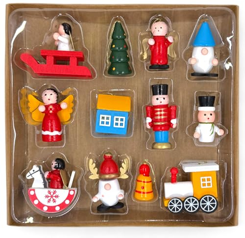 MIJOMA Weihnachtsbaumanhänger aus Holz, handbemalt, Christbaumschmuck, Set mit nostalgischen Motiven, Holzanhänger für Weihnachtsdeko, Verschiedene Designs (12, 3-5cm)