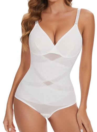 Joyshaper Shapewear For Women Tummy Control Bodysuit Shaping V Neck Body Shaper Waist Trainer with Adjustable Straps White,XL