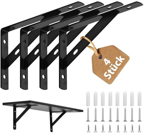 4 Stück Regalwinkel Schwerlast, Winkel Regal mit Schrauben & Dübel, Regal Winkel, 150 * 95mm, Winkel Regalhalterung, Regalwinkel Schwarz Metall, Regalhalterung Schwarz für Wandmontage