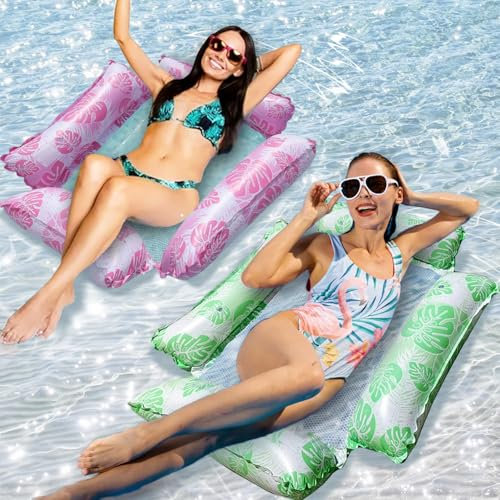 Hamaca Adulto Piscina, 2 Piezas Hamaca Piscina 4 en 1, Hamaca de Agua 4 en 1, 4 en 1 Colchoneta Piscina, Hamaca Hinchable Piscina, 4 en 1 Hamaca Flotante para Cama, para Fiesta Piscina(Rosa+Verde)