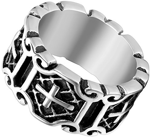 Flongo Herren-Ring, Edelstahl, Kreuz, Retro, Ritter, Biker, Modeschmuck, Geschenk, Farbe Schwarz/Silber, Größe optional