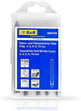 S&R Fliesenbohrer, Glasbohrer, Keramikbohrer Set, in Kunststoffbox 5 Stk: 4,5,6,8,10 mm, mit Rundschaft