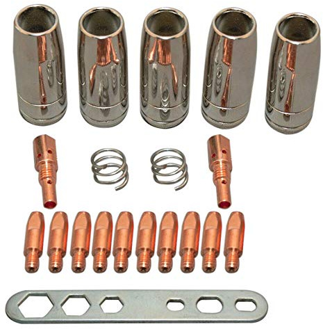 Verschleißteile Set passend 15AK Drahtdurchmesser 0,8 mm | 20 Teile | 5 x Gasdüse | 2 x Düsenstock | 10 x Stromdüse M6 0,8mm | 2 x Schweißdüsenfedern | 1 x Werkzeug