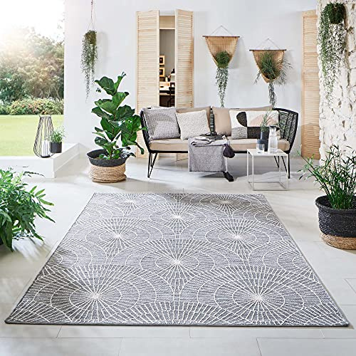 Steffensmeier Indoor Outdoor Teppich Nyland wasserfest Kunststoff Balkon Garten Flur, strapazierfähig und pflegeleicht, Kreise Grau, Größe: 200x250 cm