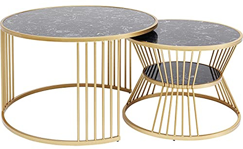 Kare Design Couchtisch Roma (2/Set), Schwarz/Gold, 80cm Durchmesser, Wohnzimmertisch, Beistelltisch, Stahl Gestell, Minenalmarmor Tischplatte, rund, 50x80x80 cm (H/B/T)