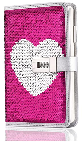 VIPbuy A5 Taccuino di Paillettes Reversibile Diario Segreto con Codice Lucchetto in Metallo Quaderno Copertina Rigida Festival Regalo per Donna Bambina Ragazza (Cuore Rosa) (amore)
