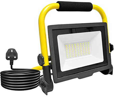 RIGIDON Portable led Work Light 50W 5000lm 175V to 265V Job site Lights | plug, 3m length wire, 6000K white, folding stand, for home workshop garage garden security outdoor, IP66 waterproof, flood