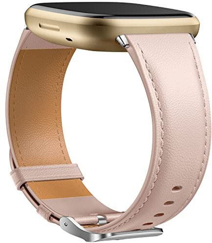 Dirrelo Kompatibel med Fitbit Versa 3-rem – Fitbit Versa 4 remmar för kvinnor och män, äkta läder elegant band kompatibelt med Fitbit Sense 2/Sense rem, rosa