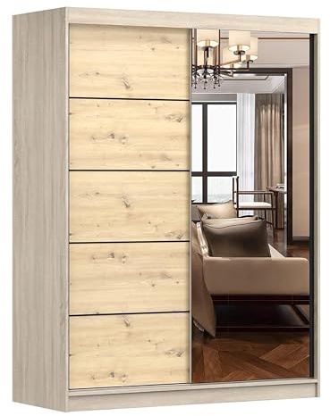 Fabryka Mebli Idźczak - Armoire Vista 05 Avec Miroir, 2 Portes Coulissantes 150 x 200 x 61 cm, Moderne Pour Chambre et Salon - Sonoma/Artisan