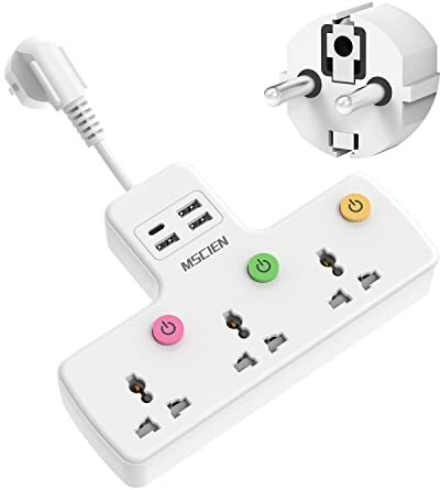 Travel Plug Extension, UK To EU Multi Plug with USB, 3 Way Individual Switched Sockets with USB C Extension Cord (10A/2500W)