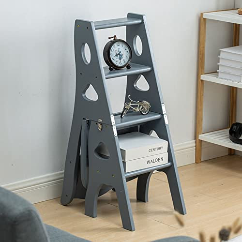 HAPPLiGNLY Scaletta Combinazione Sedia Libreria Pieghevole Scaffale Libreria, Sgabelli Sedia in Legno A 4 Gradini Scaffale per Fiori Scale Sedia Supporto per Piante Sedie da Pranzo per Cucina