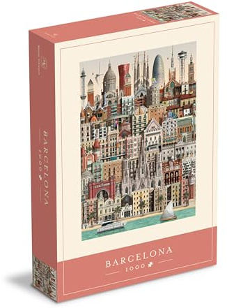 Martin Schwartz ApS Barcelona Stadt Puzzle 1000 Teile für Erwachsene – Künstlerisches Stadtmotiv für Erwachsene mit Poster und Gebäudeliste, 50 x 70 cm, Karton
